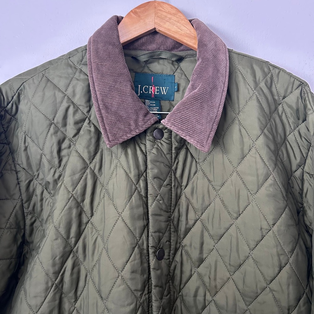 J.Crew Oarsman Quilted Barn Jacket Mens L Olive Green Corduroy Collar Field Coat
